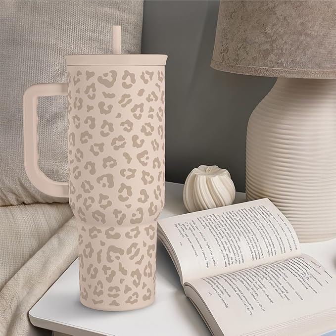 SANDJEST Leopard Tumbler with Handle, Insulated Cup Stainless Steel Travel Mug Cup, Gifts for Women Girl on Birthday Christmas, Tan Leopard, 40oz