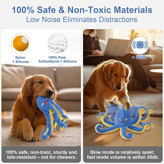Interactive Dog Toys Octopus,Durable Automatic Jumping Dog Toy to Keep Them Busy,Squeaky Moving Tug of War Doggie Toy,USB Rechargeable Puppy Toys (Blue)