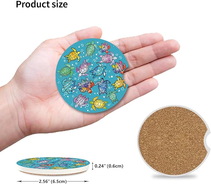 Sea Turtles Ceramic Cup Holders Car Coasters Set for Women/Men,Drink Cup Car Holder Coasters with A Finger Notch 2.56" Pack of 2.
