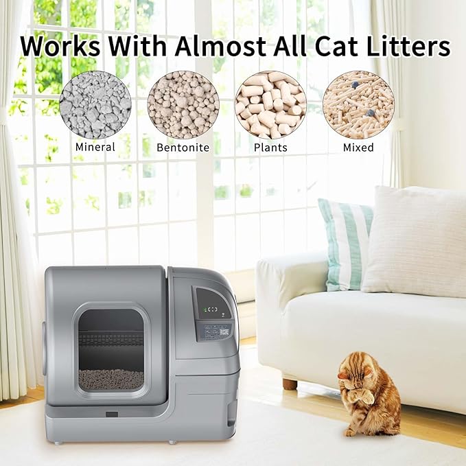 Self Cleaning Litter Box - 100L Large Capacity Cat Litter Box with App Smart Control for Automatic Cleaning, Suitable for Multiple Cats, Gray