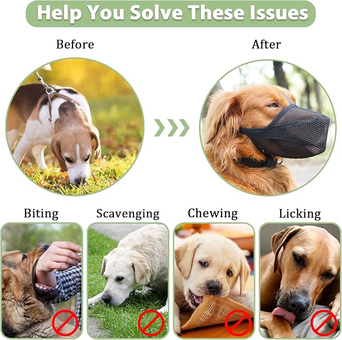 Mayerzon Dog Muzzle, Patented Soft Mesh Muzzle for Small Medium Large Dogs for Scavenging Biting Licking and Chewing, Allows to Pant and Drink (XL, Black)