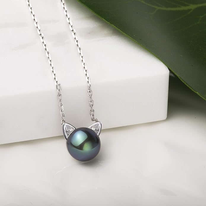 S.Leaf Cat Pearl Necklaces For Women Sterling Silver Cat Lovers Lady Gifts Pearl Opal Jewelry Pendant Collarbone Charm Necklace Best Friend Birthday Gifts for Women Trendy Sister Mom Wife Womens Her Friend Party