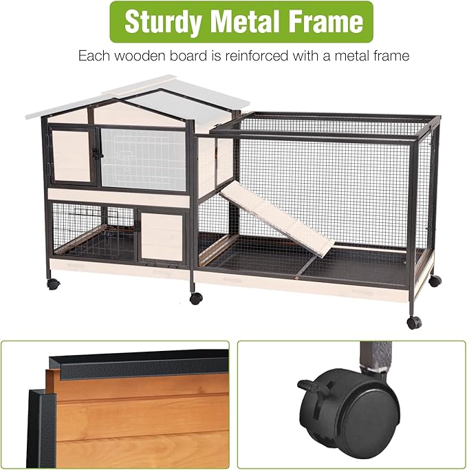 GUTINNEEN 2-Story Rabbit Hutch with Chew-Proof Full Metal Frame for Indoor/Outdoor - 62" Bunny Cage with 6 Locking Casters & 2 Pull-Out Trays for Rabbits, Guinea Pigs, Small Pets (Brown)