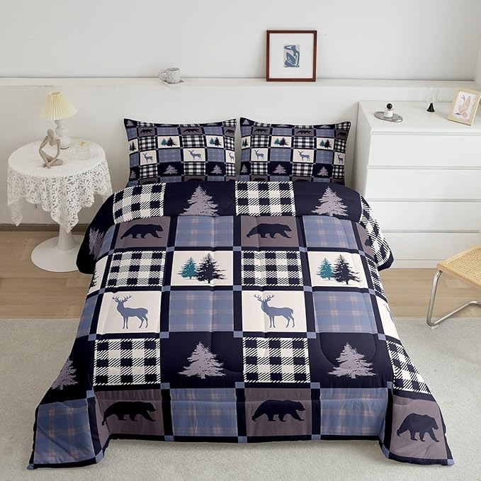 Rustic Bear Deer Patchwork Bedding Set - Lodge Decor, Vintage Farmhouse Wildlife Down Comforter Full, Geometric Grid Check Quilted Comforter with 2 Pillowcases