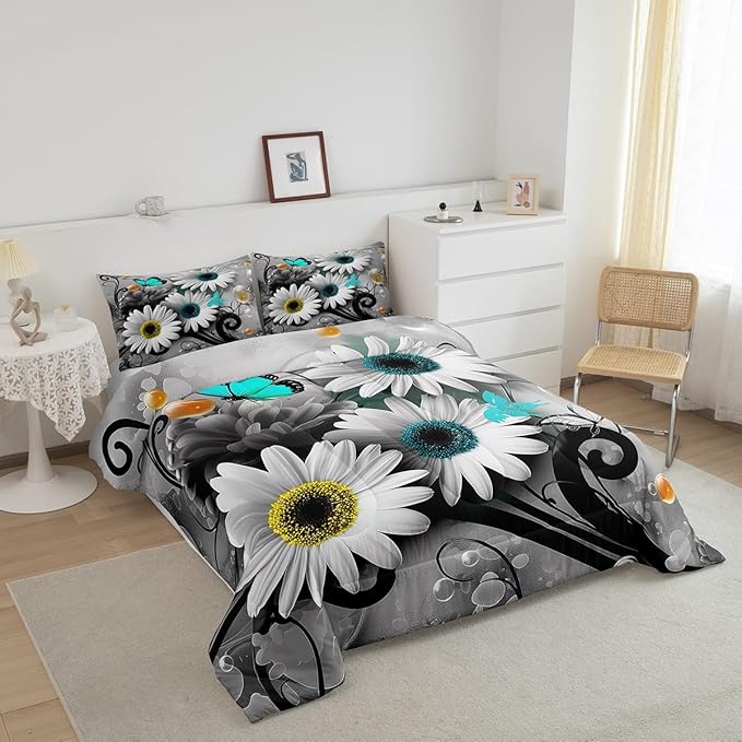Rustic Daisy Quilt Set King,Farmhouse Floral Blue Butterfly Bedding Comforter Set for Kids Girls Teens Women King,Hippie Black Gray Marble Comforter,Pastoral Countryside Flower Quilted Duvet 3 Pcs