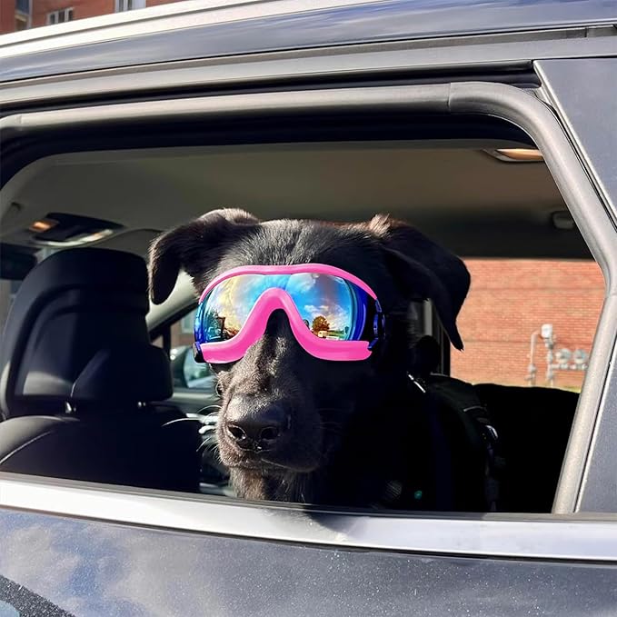 Dog Sunglasses for Large and Medium Breed, Dog Goggles for Large Dogs, Sun Protection, Windproof, Waterproof, Dustproof and Anti-Fog with Adjustable Strap for Driving, Motorcycle (Pink)