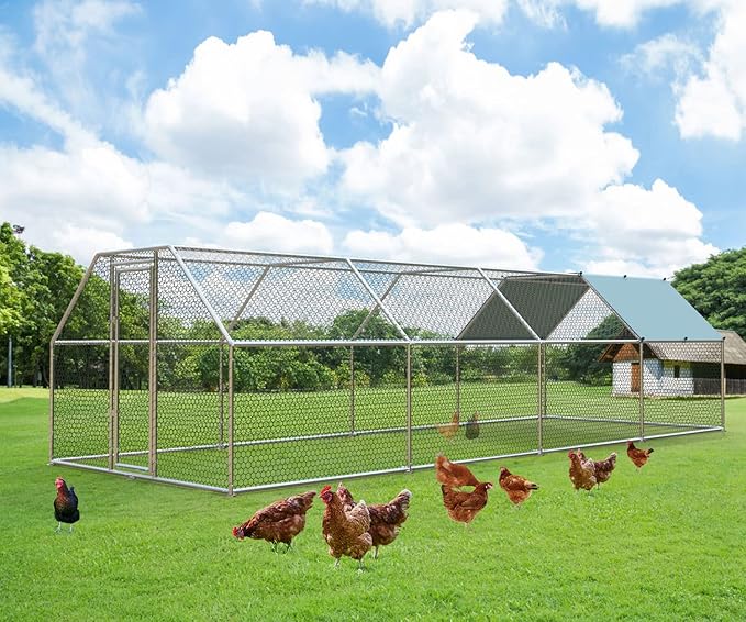1.26’’ Large Metal Chicken Coop Walk in, Chicken Pen for Chickens, Outdoor Chicken Runs Coops Dog Kennel, Flat Roofed Chicken Runs for Yard with Anti-Ultraviolet Cover (9.2’L x 25’W x 6.4’H)