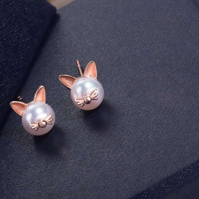 S.Leaf Cat Earrings Pearl Earrings Sterling Silver Earrings for Women Cat Memorial Gifts Cat Gifts for Cat Lovers Cat Jewelry for Women