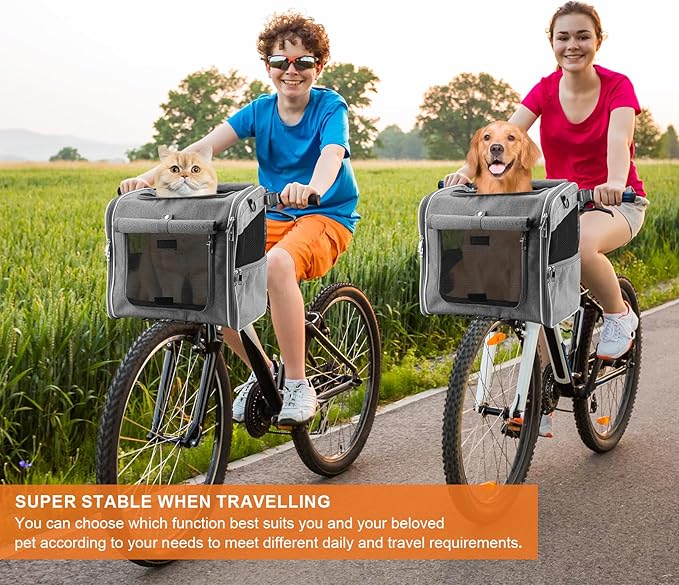 Xixter Dog Basket for Bike, Suitable for Small & Medium Pet Up to 7 kg, Foldable 4-in-1 Pet Bike Basket, Crossbody, Shoulder and Car Seat, with Sturdy Bracket and 4 Mesh Windows, Gray