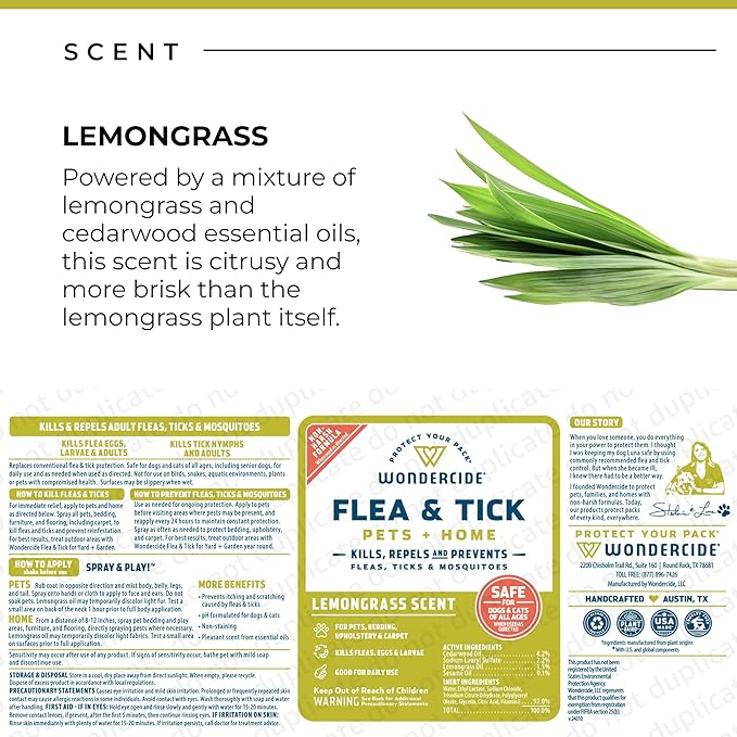 Wondercide - Flea, Tick & Mosquito Spray for Pets and Home with Natural Essential Oils - Killer, Control, Prevention, Treatment - Lemongrass 16 oz