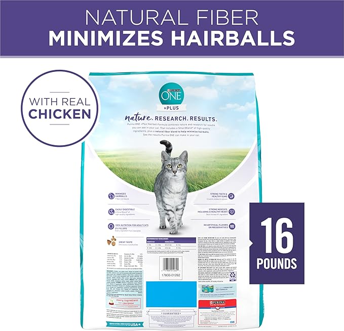 Purina ONE Natural Cat Food for Hairball Control, +PLUS Hairball Formula - 16 lb. Bag