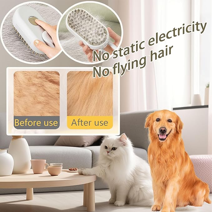 Self Cleaning 3 in 1 Pet Brush - Steam Cat & Dog Brush for Shedding & Grooming (Grey)