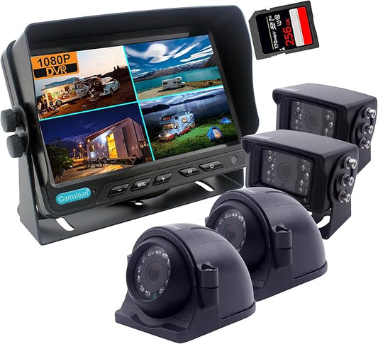 10 inch Screen 1080P Backup Camera System with Wired, DVR Recorder, Quad Split Screen, Car Monitor + 2X Waterproof Reversing Cameras + 2X Safety Sides Camera, for Camper, Trailers, Truck, RV