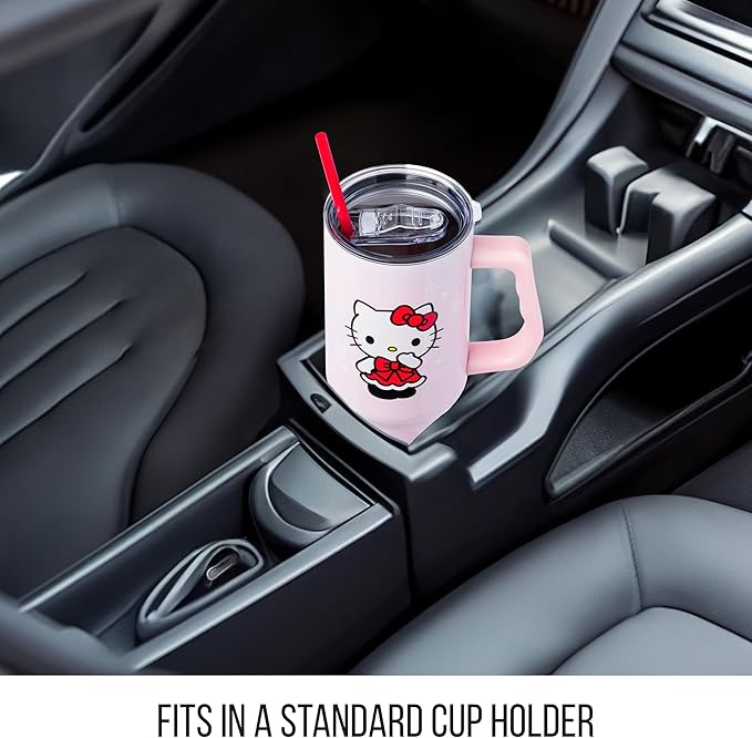 Silver Buffalo Sanrio Hello Kitty Christmas Holiday Dress and Matching Bow Snowflakes Stainless Steel Tumbler with Handle and Straw, Fits in Standard Cup Holder, 40 Ounces