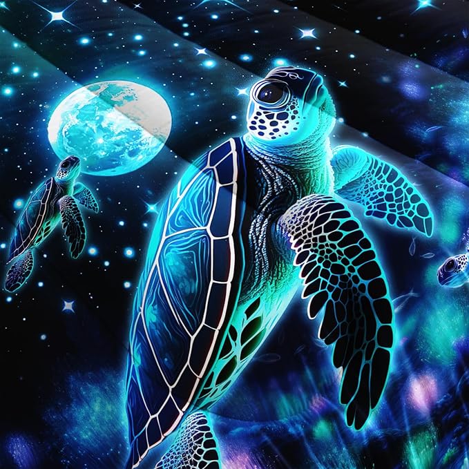Sea Turtle Comforter Kids Bedding Set Full Size,Glowing Waterweed Moon Flash Print Comforter Set for Kids Teens Boys Girls Room Decor,Nautical Reptile Animal Bedding Set with 2 Pillowcases.