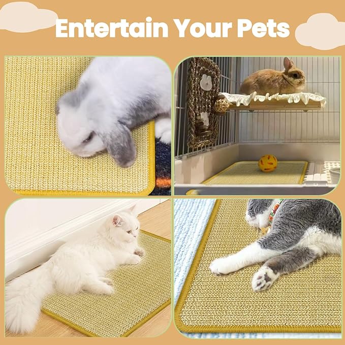 DYAUS Bunny Scratch Pad, Natural Sisal Rabbit Scratching Mat for Claws and Teeth Care, Indoor Bunny Chew Toys Bunny Bed for Biting Sleeping Nesting (1PC, 16x12in)