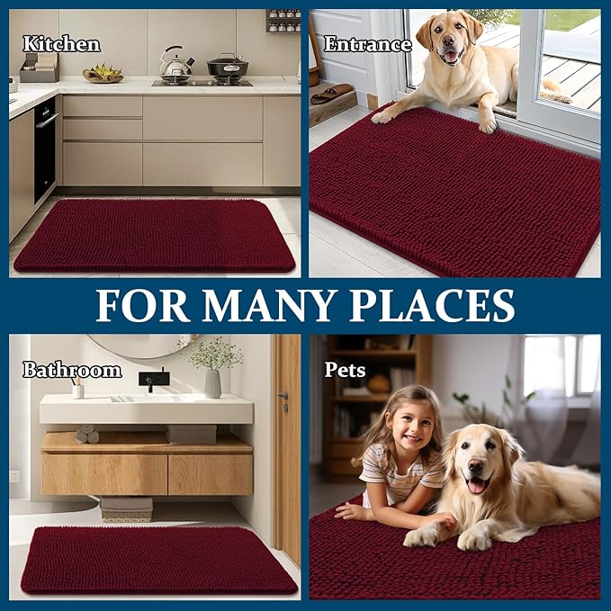 OLANLY Dog Door Mat for Muddy Paws 30x17, Absorbs Moisture and Dirt, Absorbent Non-Slip Washable Doormat, Quick Dry Chenille Mud Mat for Dogs, Entry Indoor Entryway Carpet for Inside Floor, Burgundy