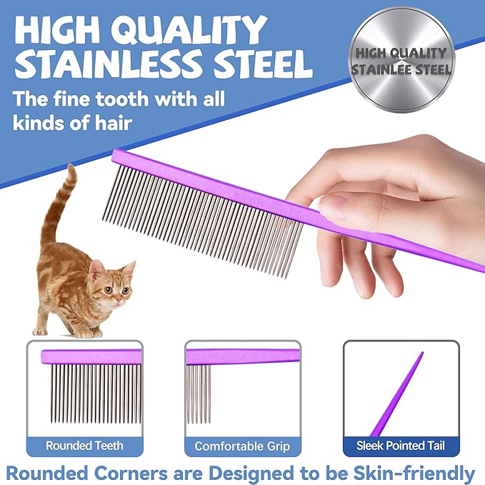 Grooming Pet Comb Rat Tail Dematting Cat and Dog Comb,Rounded Ends Design for Safe Tangle Removal, Hairstyling, Massage,Loose Hair Removal,Prevent Irritation,Fluffing Paws,Face,Tail,Remove Tear Stain
