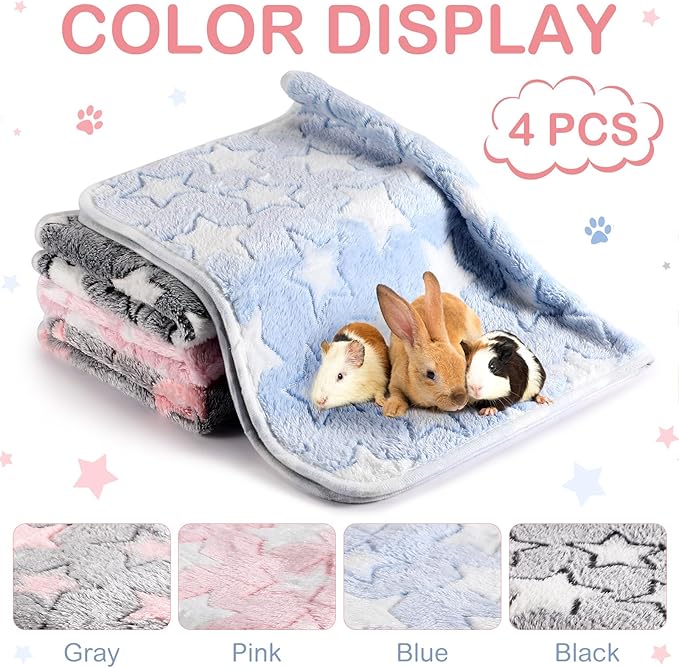 Reginary 4 Pcs Waterproof Guinea Pig Blankets Washable Small Animal Fleece Bedding Absorbent Guinea Pig Cage Liners Reusable Pet Pee Pad Sleep Mat for Hamster Ferret(Cute Star Pattern,28 x 56 Inch)