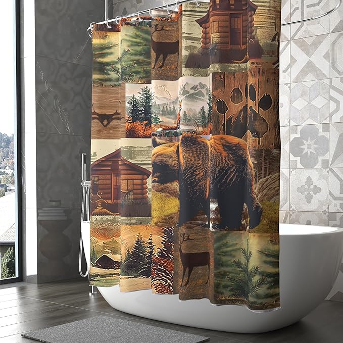 Rustic Bear Shower Curtain for Bathroom 72x72 Inches,Wood Cabin Bear Moose Forest Hunting Lodge Waterproof Polyester Fabric Bathroom Curtains with Hooks Home Hotel Bathtub Decor