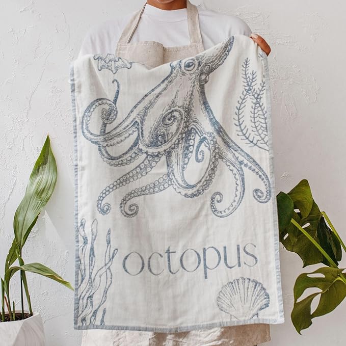 sea me at home Jacquard Sea Life Kitchen Towels, 4-Pack, 100% Cotton, Medium (19.5" x 27"), Sea Life Color