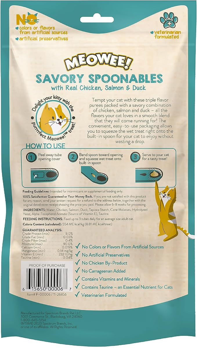 Savory Spoonables with Real Chicken, Salmon & Duck, 8 Count Tube, Triple Flavor Squeezable Lickable Wet Treats for Cats with Built-in Spoon for Less Mess