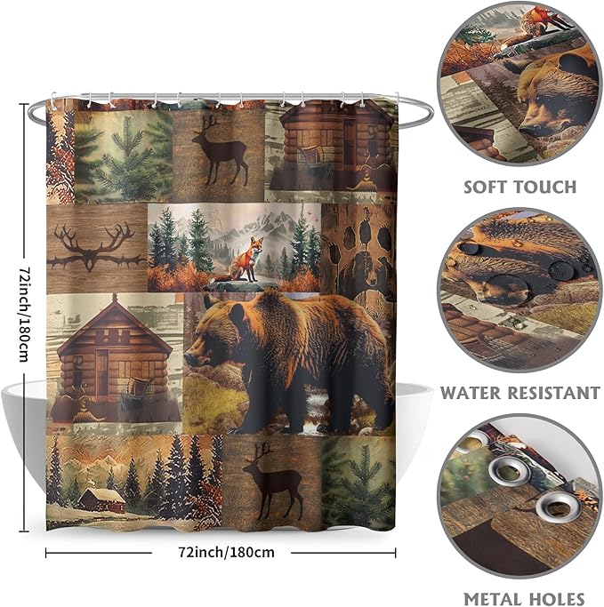 Rustic Bear Shower Curtain for Bathroom 72x72 Inches,Wood Cabin Bear Moose Forest Hunting Lodge Waterproof Polyester Fabric Bathroom Curtains with Hooks Home Hotel Bathtub Decor