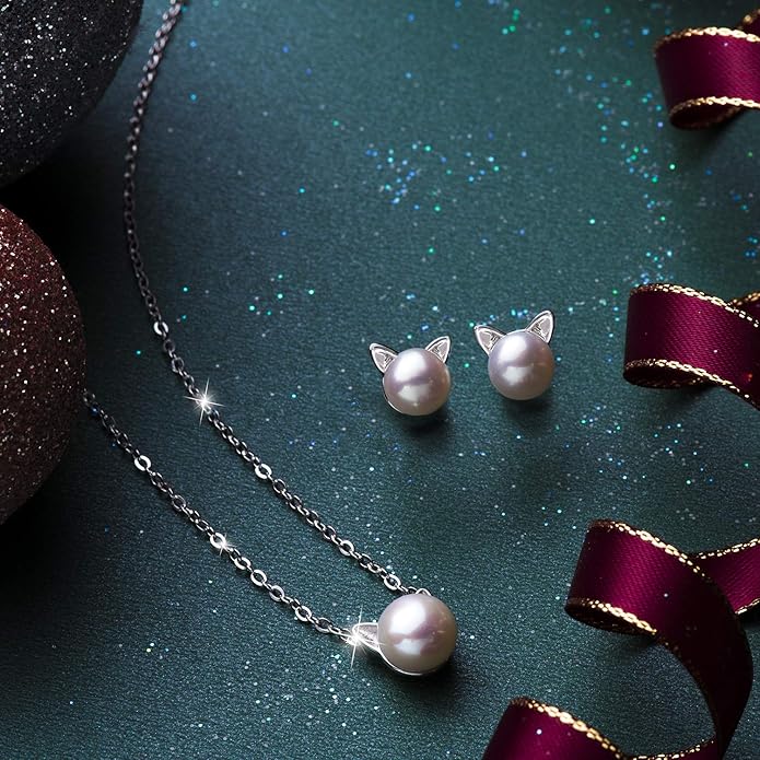 S.Leaf Cat Earrings Pearl Earrings Sterling Silver Earrings for Women Cat Memorial Gifts Cat Gifts for Cat Lovers Cat Jewelry for Women