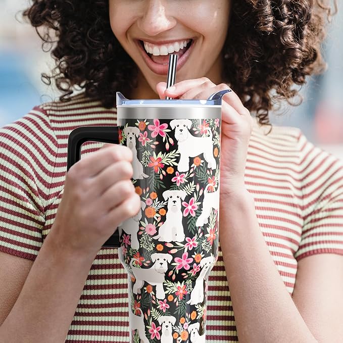 Schnauzer Gifts for Women Dog Lovers 40 oz Floral Schnauzer Tumblers with Handle and Straw, Stainless Steel Vacuum Insulated Travel Coffee Mug Cup Water Bottle