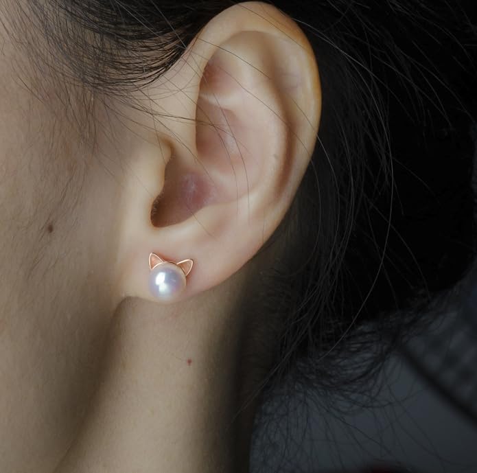 S.Leaf Cat Earrings Pearl Earrings Sterling Silver Earrings for Women Cat Memorial Gifts Cat Gifts for Cat Lovers Cat Jewelry for Women