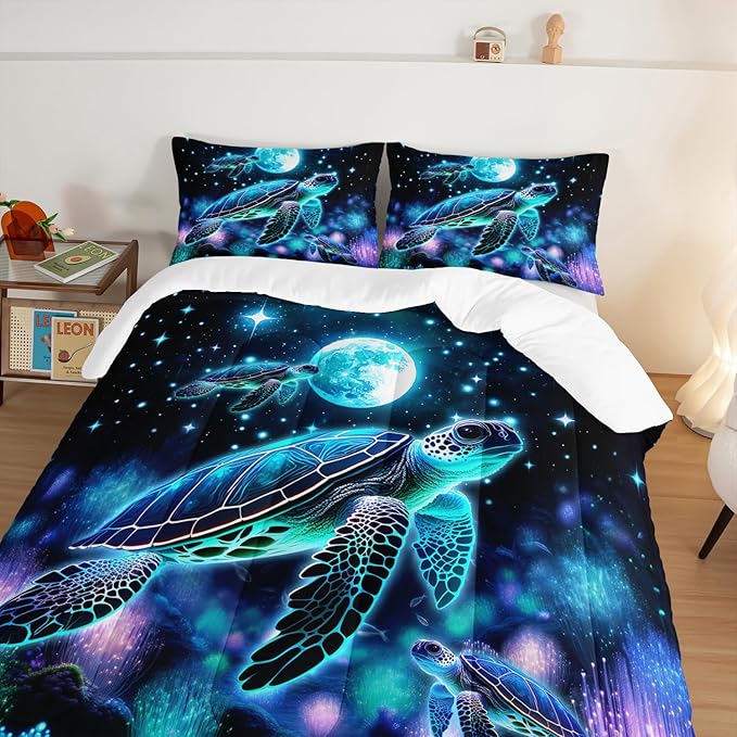 Sea Turtle Comforter Kids Bedding Set Full Size,Glowing Waterweed Moon Flash Print Comforter Set for Kids Teens Boys Girls Room Decor,Nautical Reptile Animal Bedding Set with 2 Pillowcases.