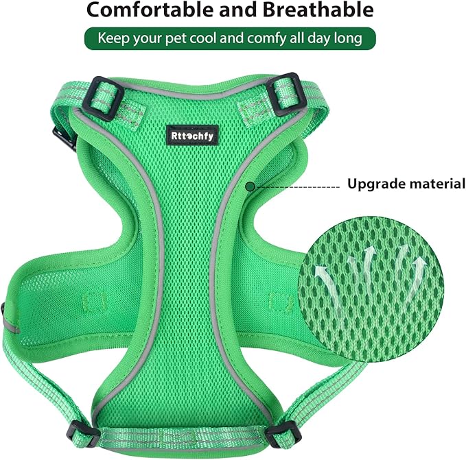 Rttochfy Cat Harness and Leash Set, Adjustable and Reflective Cat Vest, Escape Proof Kitten Harness, Easy to Put on with 3 Buckles for Cats Walking and Traveling (Green, L)