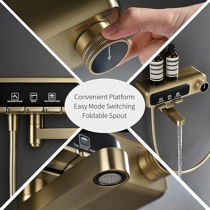 10" Square Rainfall Bathtub and Shower Trim Systems with Rotating Handheld Sprayer, Foldable Tub Spout, Wall-Mounted, Solid Brass Valve with Shampoo Platform- Brushed Gold (Square, Brushed Gold)