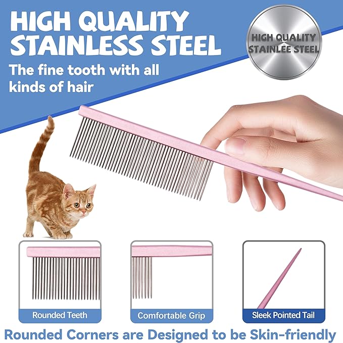 Grooming Pet Comb Rat Tail Dematting Cat and Dog Comb,Rounded Ends Design for Safe Tangle Removal, Hairstyling, Massage,Loose Hair Removal,Prevent Irritation,Fluffing Paws,Face,Tail,Remove Tear Stain