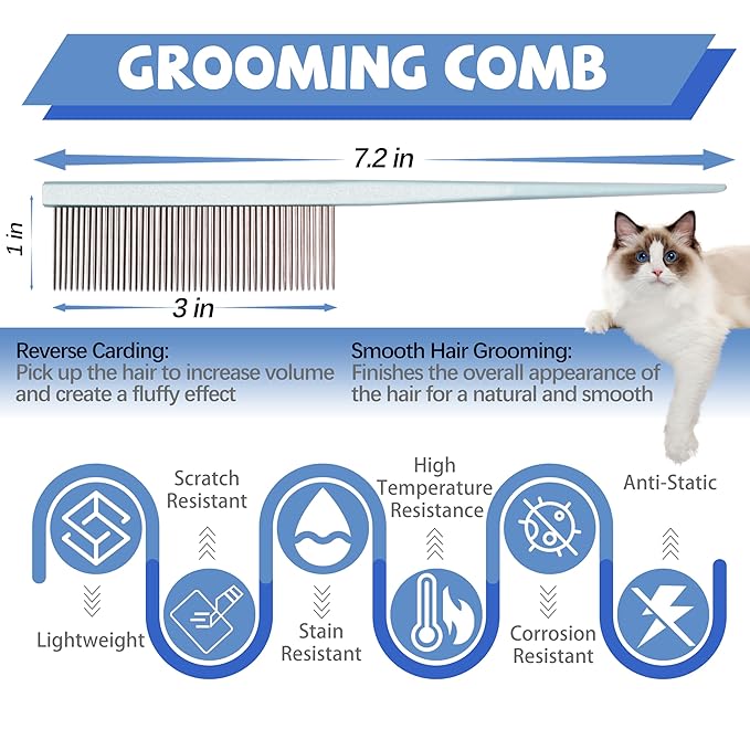 Grooming Pet Comb Rat Tail Dematting Cat and Dog Comb,Rounded Ends Design for Safe Tangle Removal, Hairstyling, Massage,Loose Hair Removal,Prevent Irritation,Fluffing Paws,Face,Tail,Remove Tear Stain