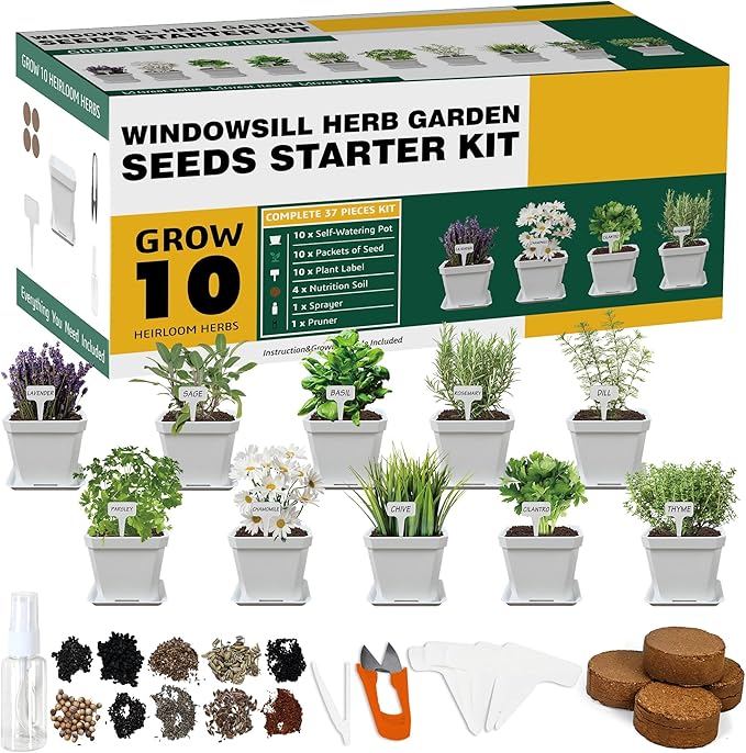 10 Herb Seeds Garden Starter Grow Kit with White Pots, Markers, Nutritional Soil, Watering, Herb Clipper, Complete Indoor Potted Plant Growing Set for Kitchen DIY