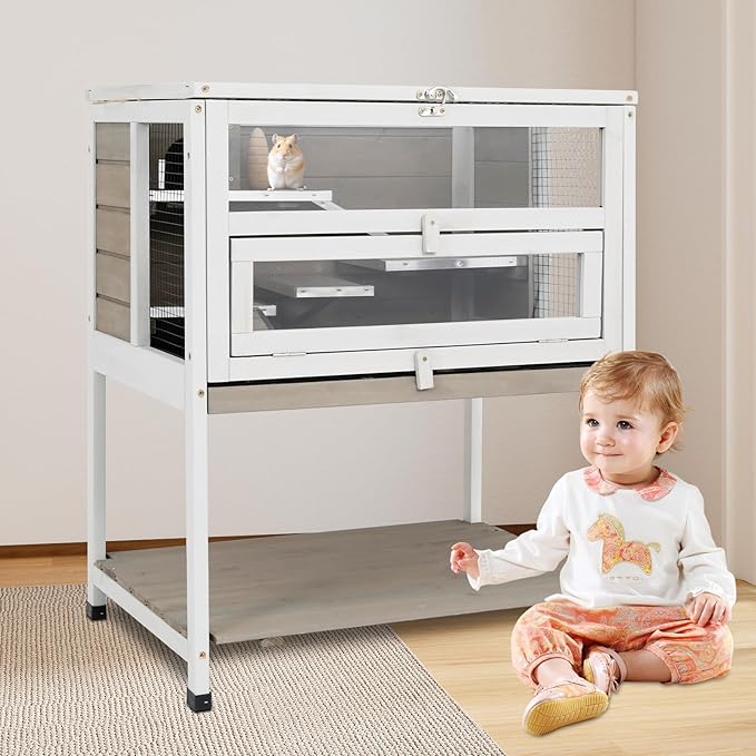 Guinea Pig Cages Wooden Hamster Cage Indoor with Stand and Storage Outdoor Small Animals Habitat with Metal Edges Ramps Hideout House,No Leak and Pull Out Tray, Easy Clean