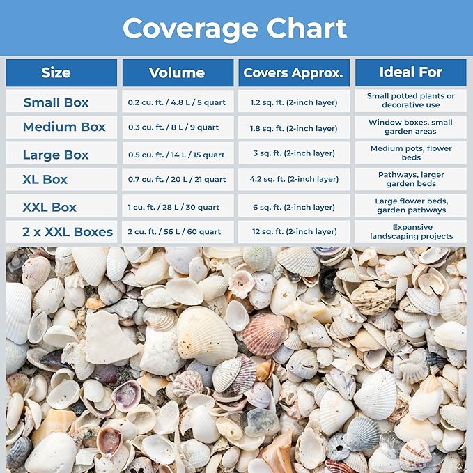 Natural Organic Sea Shell Mulch for Gardens and Landscaping – Decorative and Nutrient-Rich, 0.5–3-Inch Shells, Perfect for Indoor and Outdoor Use (0.2 CF - 4.8 L - 5 QTS)