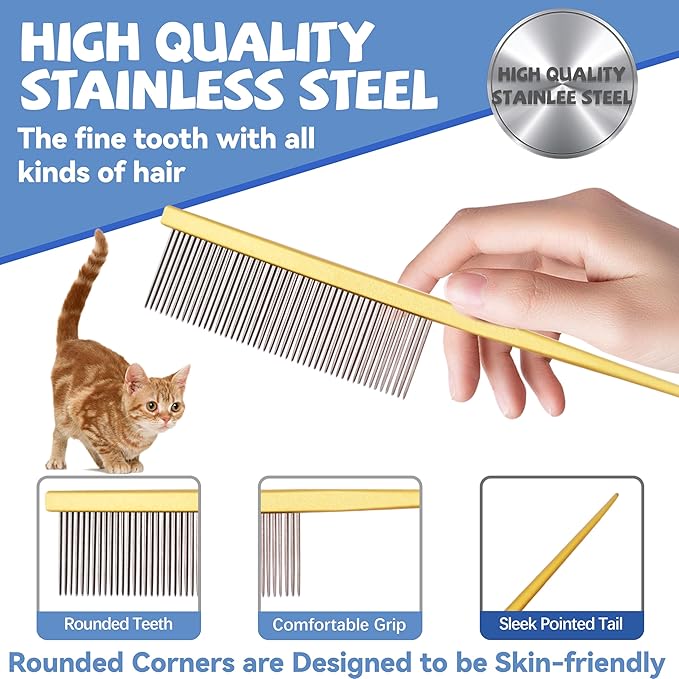Grooming Pet Comb Rat Tail Dematting Cat and Dog Comb,Rounded Ends Design for Safe Tangle Removal, Hairstyling, Massage,Loose Hair Removal,Prevent Irritation,Fluffing Paws,Face,Tail,Remove Tear Stain