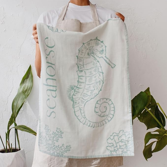sea me at home Jacquard Sea Life Kitchen Towels, 4-Pack, 100% Cotton, Medium (19.5" x 27"), Sea Life Color