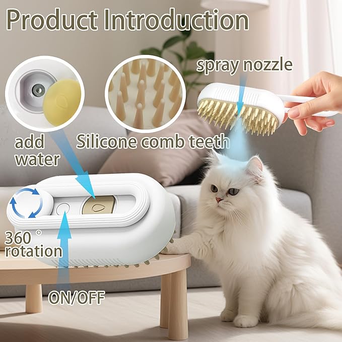 Self Cleaning 3 in 1 Pet Brush - Steam Cat & Dog Brush for Shedding & Grooming (Grey)