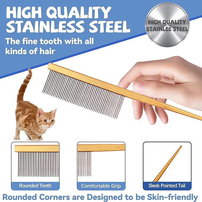 Grooming Pet Comb Rat Tail Dematting Cat and Dog Comb,Rounded Ends Design for Safe Tangle Removal, Hairstyling, Massage,Loose Hair Removal,Prevent Irritation,Fluffing Paws,Face,Tail,Remove Tear Stain