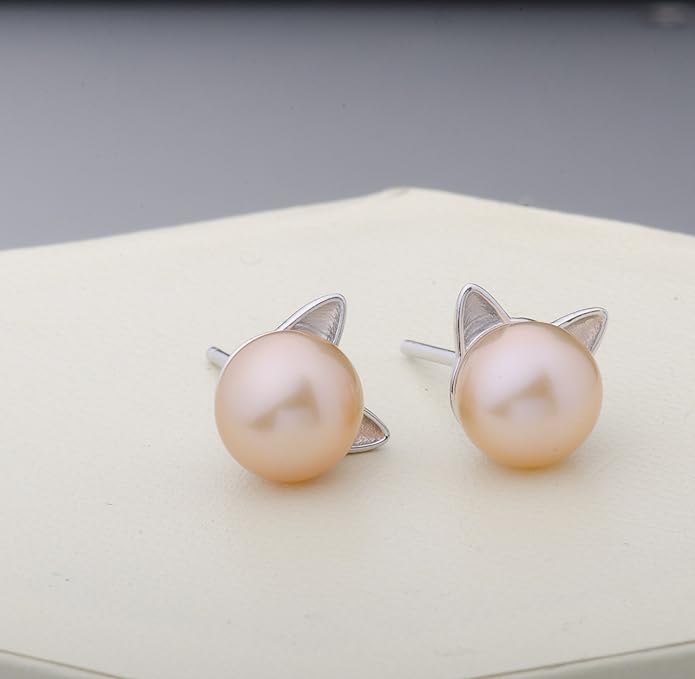 S.Leaf Cat Earrings Pearl Earrings Sterling Silver Earrings for Women Cat Memorial Gifts Cat Gifts for Cat Lovers Cat Jewelry for Women