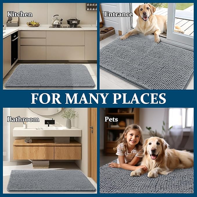 OLANLY Dog Door Mat Set 4-Piece 59x24, Absorbs Moisture and Dirt, Absorbent Non-Slip Washable Doormat, Quick Dry Chenille Mud Mat for Dogs, Entry Indoor Entryway Carpet for Inside Floor, Grey