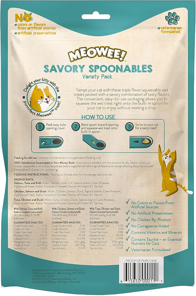 Savory Spoonables Variety Pack for Cats, 12 Count, Treat Your Cat to Triple Flavor Squeezable Lickable Wet Treats with Built-in Spoon for Less Mess