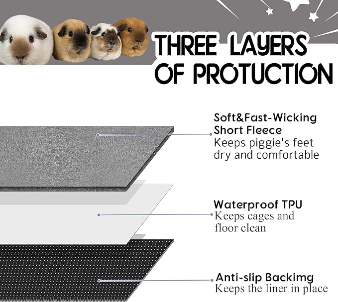 Guinea Pig Cage Liner, 6 Pack - Washable, Reusable, Leakproof Fleece Bedding Pads for Small Animals with Anti-Slip Bottom - for 15''x29'' Area, Gray