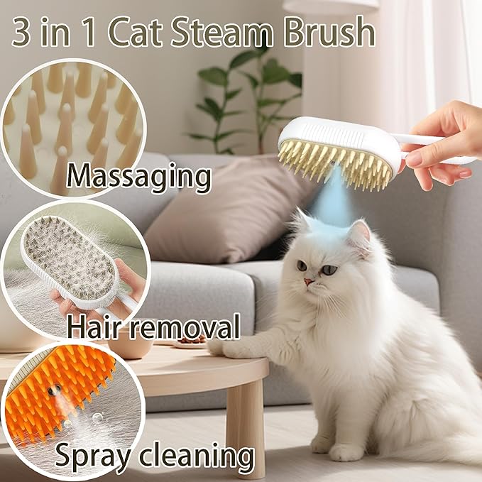 Self Cleaning 3 in 1 Pet Brush - Steam Cat & Dog Brush for Shedding & Grooming (Grey)