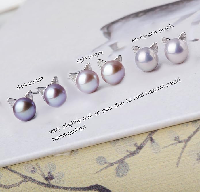 S.Leaf Cat Earrings Pearl Earrings Sterling Silver Earrings for Women Cat Memorial Gifts Cat Gifts for Cat Lovers Cat Jewelry for Women