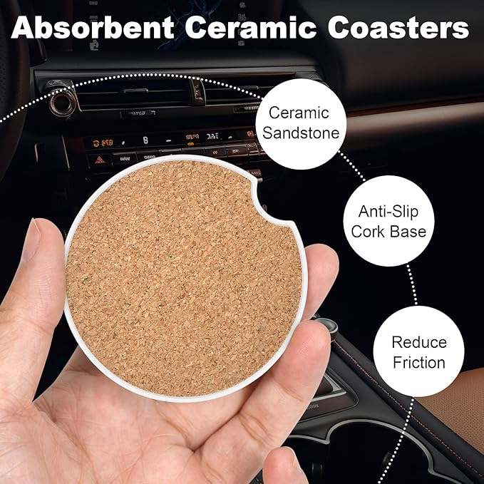2 Pack Car Cup Holder Coasters, 2.63 inch Anti Slip Insert Absorbent Ceramic Coasters with Cork Base and Finger Notch, Cute Car Accessories Interior for Women