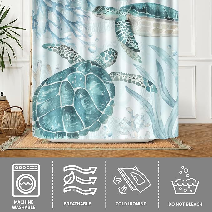 Sea Turtle Shower Curtain for Bathroom 72x72 Inch,Summer Coastal Teal Blue Ocean Animal Water Repellent Polyester Fabric Bathroom Curtains with Hooks for Home Hotel Bathtub Decor